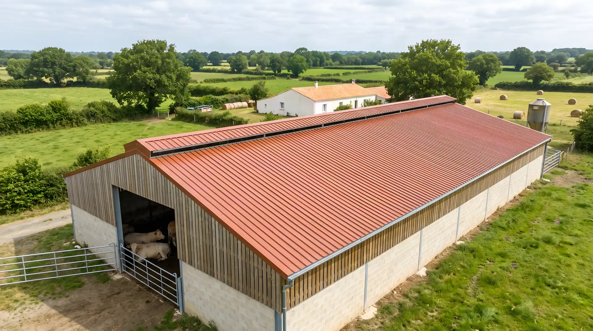 Stabulation bovine en Vendée, toiture fibrociment recouverte d'un bac acier neuf